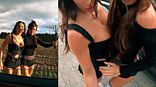 2 sluts meet stranger in the field and fuck in threesome