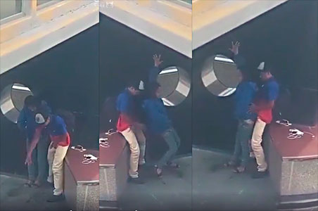 college students caught from the second floor by their classmates